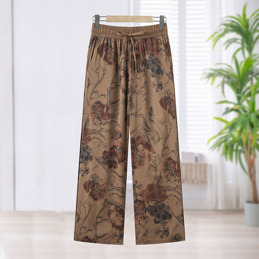 WEWE summer thin elastic waist satin printed straight pants G middle-aged mother's fashionable and versatile slim and breathable casual pants Peony [authentic 9898] 5XL Recommended 145-160Jin [Jin equals 0.5 kg]