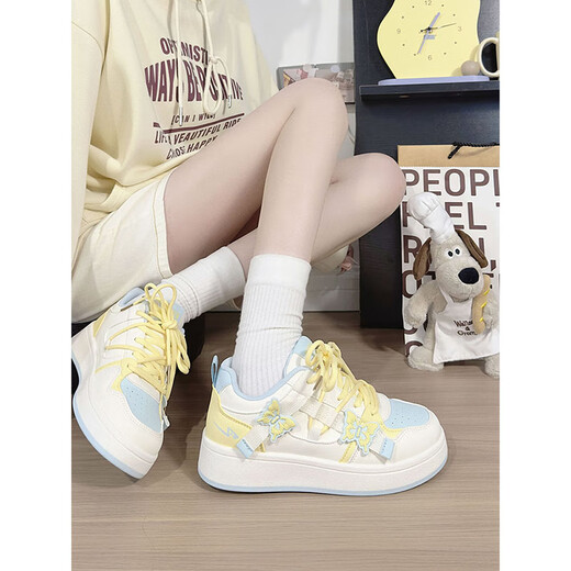Renbische Matcha Green Butterfly kleine weiße Schuhe Frauen neue modische und vielseitige Freizeitschuhe Frauen dicker alleinerer koreanischer Boardschuhe weiße Lan Yellow 37