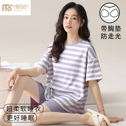 Yalu Breast Pad Integrierte Pyjamas für Frauen für sommer gestreifte Shorts-Shorts Anzug für Mädchen im Schlafsaalkleidung für Sommermodalanzug [mit Brustpolster] W12611 M Frauen empfohlen 80-100jin [Jin gleich 0,5 kg]