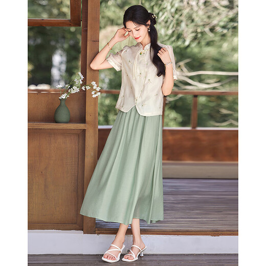 Lost Time 2025 New Summer Stand-up Collar Button Elegant New Chinese Design Niche Fashion Suit 33 Green S