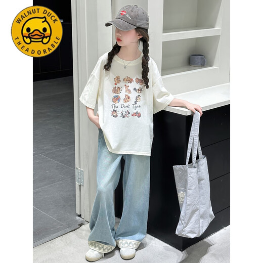 G.Duckids Girls Girls Summer Kurzärmeranzug 2025 Neue lässige Kindermodische Tops große Kinder Sommer mit breitem Bein zweiköpfiger Mädchenanzug [6623] 120 cm