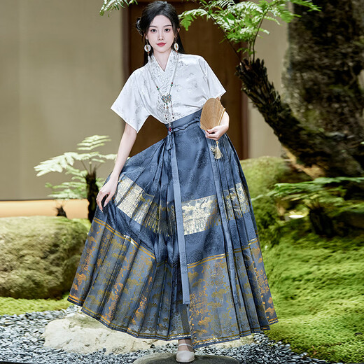 
True new Chinese style woven gold horse-faced skirt summer 2025 new suit small person improved Hanfu women's daily wearable 12187 blue petticoat skirt M