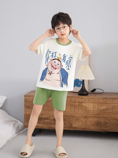Jungen Pyjamas Sommer Taiyi Real People 2025 Neuer reiner Baumwollkurzärmel-Junge Nezha Thin Big Children süß und lustig N694 Nazha [100% reine Baumwolle] 100 cm/8 Größe [Höhe 85-102 cm]
