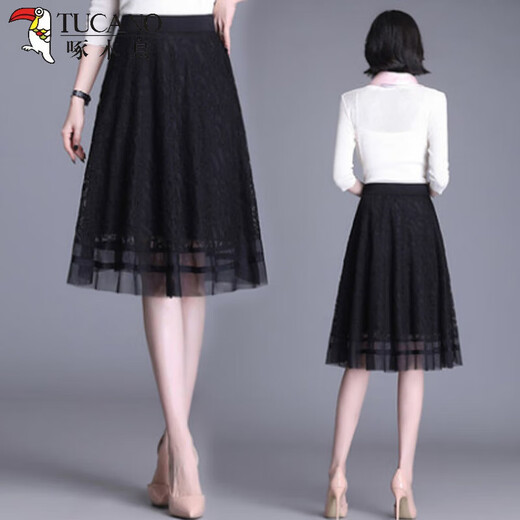 TUCANO; Woodpecker lace skirt for women with fashionable and versatile drooping A-line skirt to make you look slim and elastic waist 2025 summer new style black 693 thin thin S 80-90