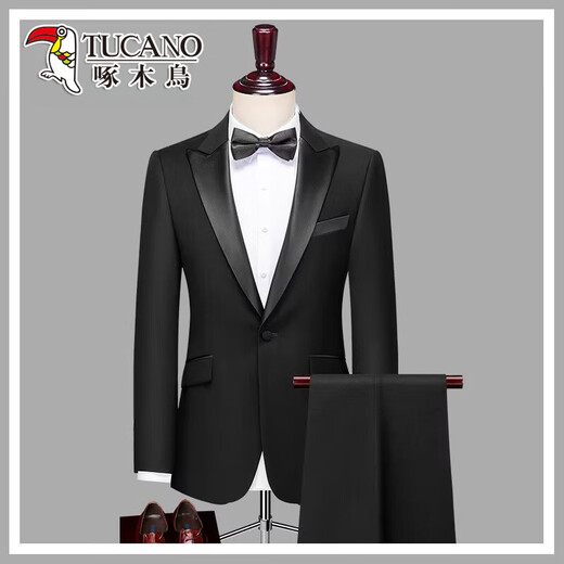 Woodpecker Tuxedo Evening Dress Wedding Groom Slim Suit Suit Wedding High-Level Host Men's Formal Wear Peaked Collar - Black Two-piece Set XL 120-139Jin Jin is equal to 0.5 kg