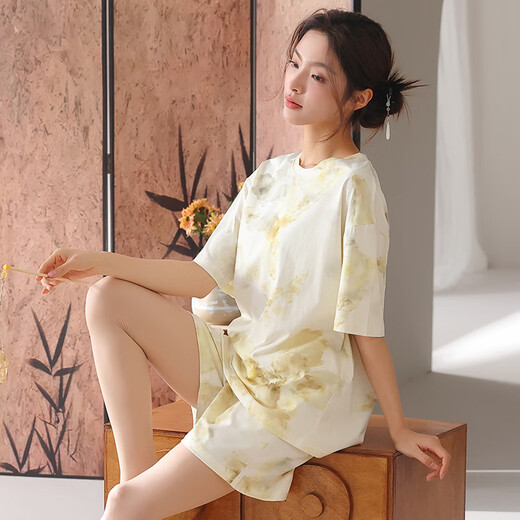 Langsha Pyjamas für Frauen 2025 Sommer Super Soft Laisele Tiansi Baumwolle kurzärmelige Anzug lose und frische Heimkleidung 1289 m [Vorgeschlagen 85-105jin [Jin ist 0,5 kg]]