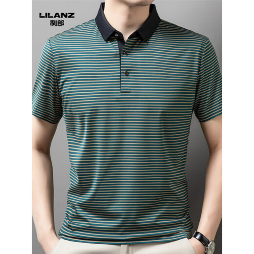 Lilang men's lapel short-sleeved T-shirt summer striped young and middle-aged business casual POLO shirt ice silk breathable top green 13691 M 170