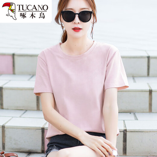 Camiseta de algodón puro de algodón puro para mujeres con cuello redondo suelto versátil camiseta de base sólida de color sólido Top 6172 Polvo de cuero M recomendado 80-105 Jin [Jin equivale a 0,5 kg]