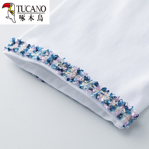 Woodpecker pure cotton temperament age-reducing seven-quarter sleeve T-shirt for women's mid-sleeved loose white T-shirt Spring and Autumn Summer 2025 new top W6172 ice blue mid-sleeved M (recommended 80-105Jin [Jin equals 0.5 kg])