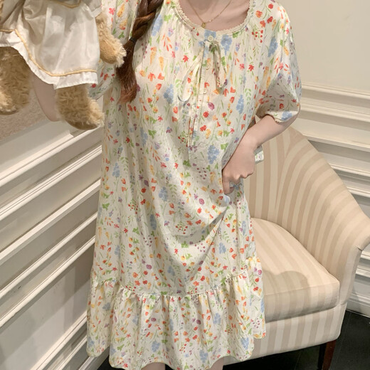 雅鹿公主风睡衣女款夏季带胸垫彩色碎花田园风短袖睡裙2025新款家居服 16864 粉花绿叶 固定胸垫 2XL 175