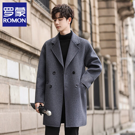 ROMON men's double-sided woolen coat 2025 mid-length autumn and winter woolen coat woolen windbreaker men's rhombus gray XL 180 recommended 140-155 Jin Jin equals 0.5 kg