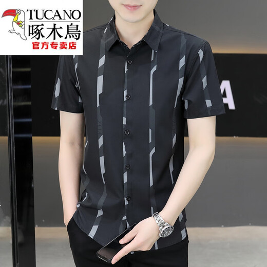 啄木鸟（TUCANO）新款2025夏季男士短袖衬衫潮流痞帅气感冰丝寸衣薄款凉爽衬衣 7027黑色 M 90-110斤