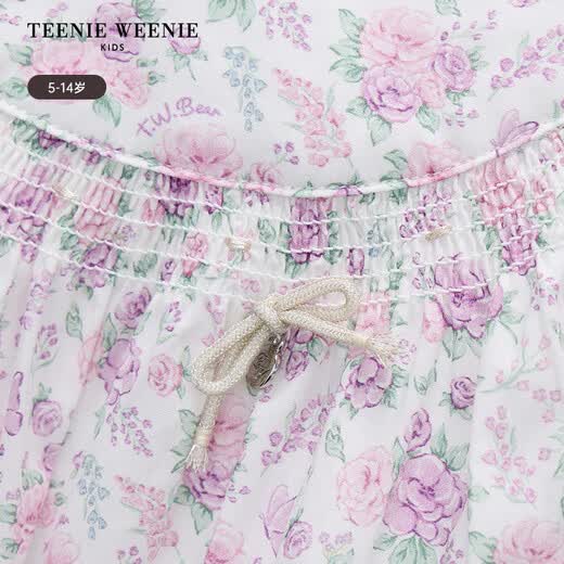 Teenie Weenie Kids Little Bear Children's Clothes Girls' Sweet Floral Round Neck Short-Sleeved Shirt Light Purple 160 cm