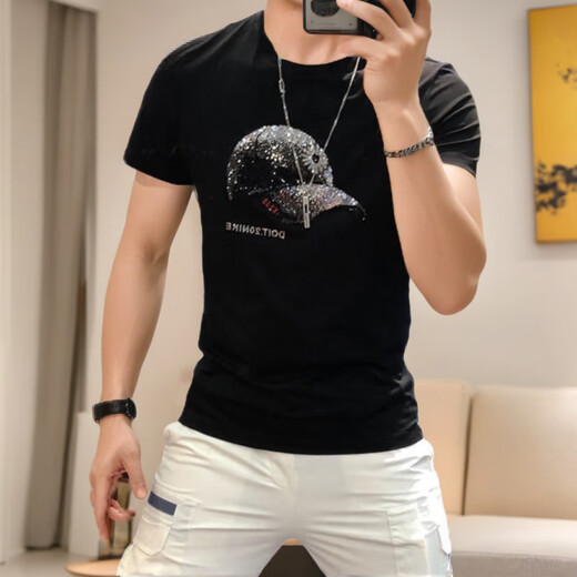 Giocp Hong Kong Trendy Brand Sommer Neuer mercerisierter Baumwollhut-Bügeln Diamant Kurzarm Internet Promi Persönlichkeit Trendy Slim Hälfte T-Shirt Männer Orange 733 Hut 3xl