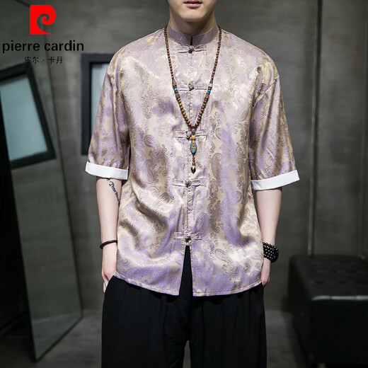 Pierre Cardin Ice Silk Tang Anzug chinesischer Sommer Dünnes Kurzärmel-Hemd Herren Retro Loose Hanfu Largegröße Fünf-Punkte-Hemd A686 Blau M 100-120jin [Jin entspricht 0,5 kg]