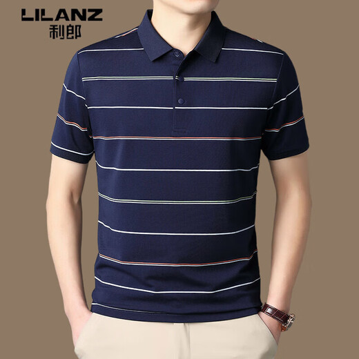 Lilang Light Luxury Mulberry Silkworm. Silk Short-sleeved T-shirt for Men's Summer Business Stripe Middle-aged Casual Lapel Half-sleeved Polo Shirt Blue /723 M 48 Suggested 95-115Jin [Jin equals 0.5 kg]