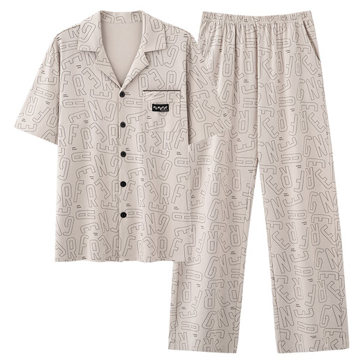Langsha [7A Antibacterial] Pure Cotton Pajamas Men's Summer Thin Short Sleeve Trousers Set Men's Large Size Can We Wear Outdoor Home Suit 09M9859 L