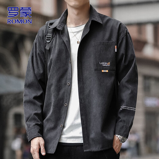 罗蒙（ROMON）长袖衬衫男春秋季潮流休闲外套男士宽松衬衣男装 黑色 XL