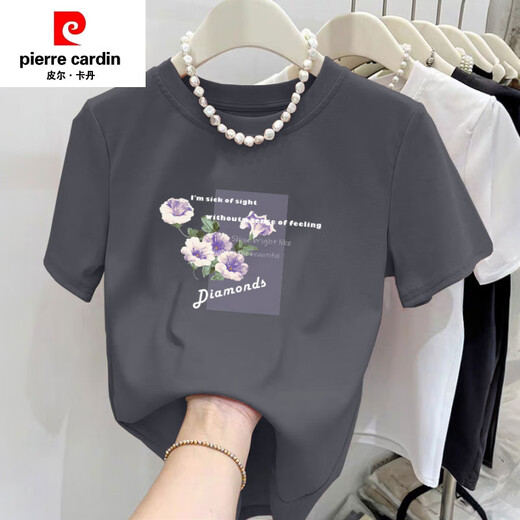 Pierre Cardin (Pierre Cardin) T-shirt en coton pur en coton pur pour femmes conception littéraire rond à manches courtes en vrac rose T-shirt Summer 2025 Nouveau top 6172 Gray Powder M (recommandé 80-105 Jin [Jin est égal à 0,5 kg]))