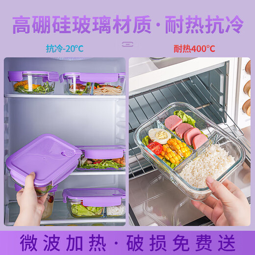 Daimon Lunch Box Mikrowellenofen Erhitzt Gla Student Lunchbox mit Deckel Office Worker Lunchbox Dampfschale separat und frisch halten. Große Länge 3 Partitionen 1050 ml lila Deckel [hohes Bormaterial ist kaltresistent und hitzebeständig]