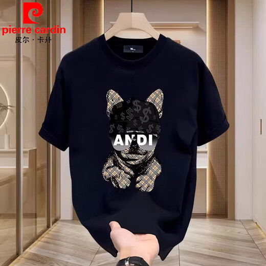 Pierre Cardin European und American Trendy Summer Reine Baumwolle kurzärmelig T-Shirt Herren 2025 Neues T-Shirt Lose großes Paar Outfit Herren halbärmelig V691 Black S