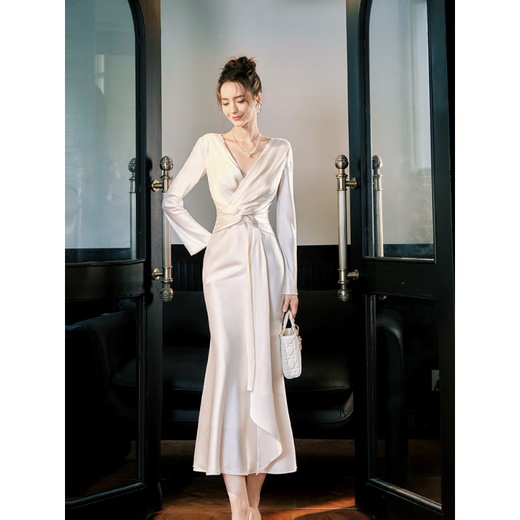 GJFD Guyue French twist satin high-end dress long-sleeved birthday white temperament slim fishtail dress light champagne L