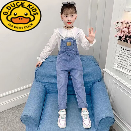 G.DUCKKIDS女童背带裤儿童春秋款牛仔裤女孩长裤韩版大童裤子外穿宝宝吊带裤 蓝色大兜背带裤(单裤) 150码建议身高1.4米左右穿