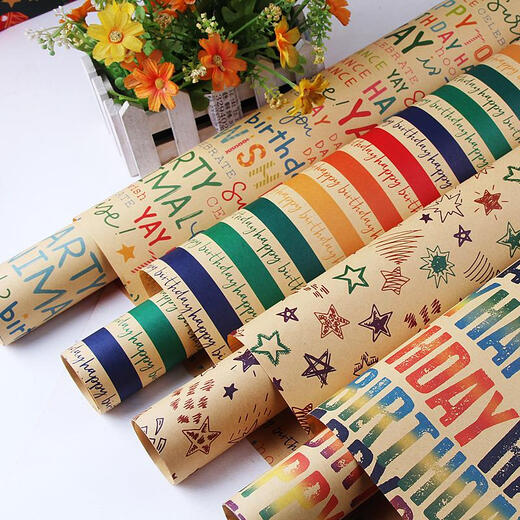 Qilicai cowhide wrapping paper bouquet gift paper children's birthday gift paper gift box vintage bag book velvet paper English flower paper Kraft paper English random 10 pieces for double-sided glue