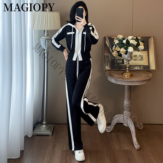 MAGIOPY国际奢侈高档品牌欧货高级感休闲运动套装女秋季时尚减龄连帽外套 黑色 S(100斤以内)