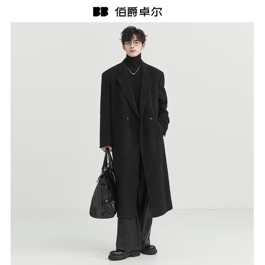 Piaget Zall shoulder pad design long over the knee 100% wool double-sided woolen coat 100% men's 2025 autumn and winter commuter coat moon night black regular style - no liner XL (recommended 145-160Jin Jin equals 0.5 kg)