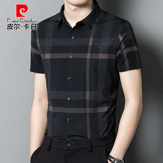 Pierre Cardin High-Def Middle-Eby Camisa de manga corta de mangas delgadas Seda de seda de hielo Summer Summer Papel de moda DOMA SHQE9761 Negro M 165