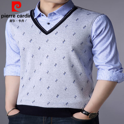 Pierre cardin brand men's fake two-piece long-sleeved T-shirt lapel spring and autumn new T-shirt with collar Korean shirt collar base shirt 3878 red 2XL 180/120/54