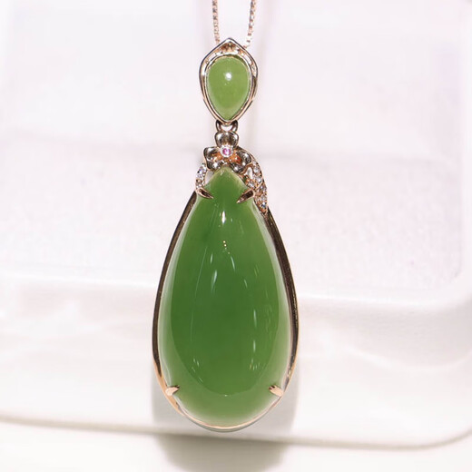 Micro-gift fashion trend Hotan pendant for women A-grade spinach green jasper water drop inlaid 18k gold necklace for mother Spinach green jasper water drop inlaid 18k gold pendant 13*25