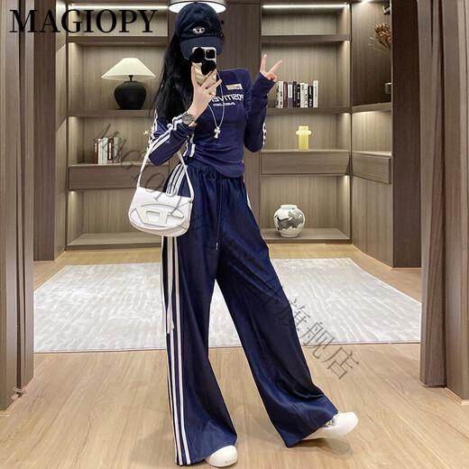 MAGIOPY International Luxury High-end Brand Cool Spicy Casual Sports Set for Women 2025 Spring New American Short Long Sleeve T Blue Two-Piece Set S (100Jin [Jin equals 0.5 kg])
