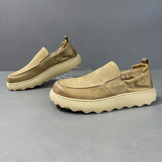 
GY Jinlilai 2025 summer thick-soled lazy man kicks loafers leather hollow travel shoes men's shoes breathable sports rest 9898 yellow leather surface 40