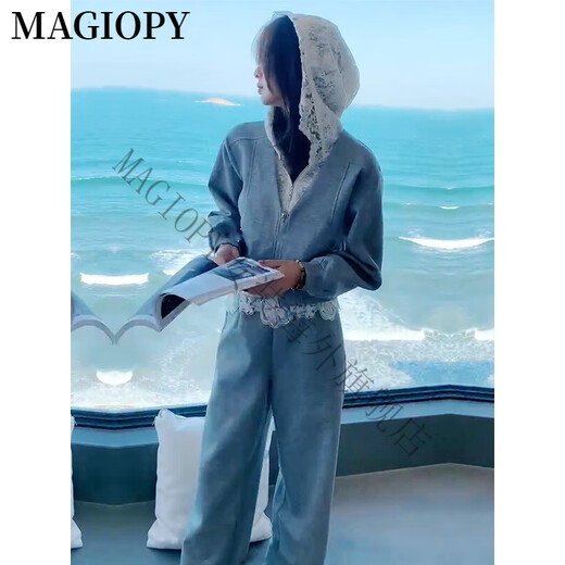 Magiopy International Luxury High-End-Marke Hanli Korean Casual Sports Anzug Frauen Spring Spleißen Spitze Modische graue Jacke Graues zweiteiliger Set (100 Jin [Jin gleich 0,5 kg]))