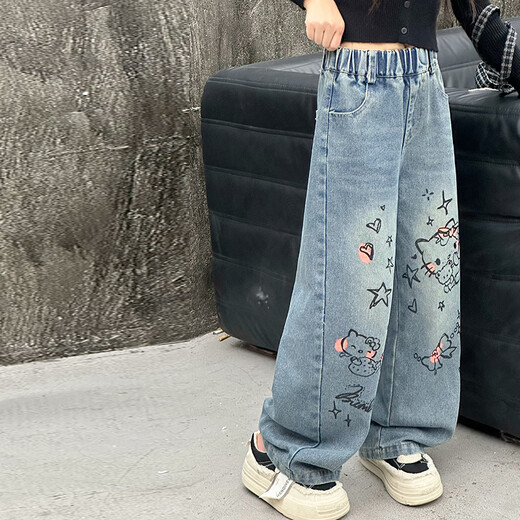 
MOKITOUL girls jeans spring 2025 new straight-leg pants children fashionable and fashionable big children Korean version pants internet celebrity street print jeans cm4 160
