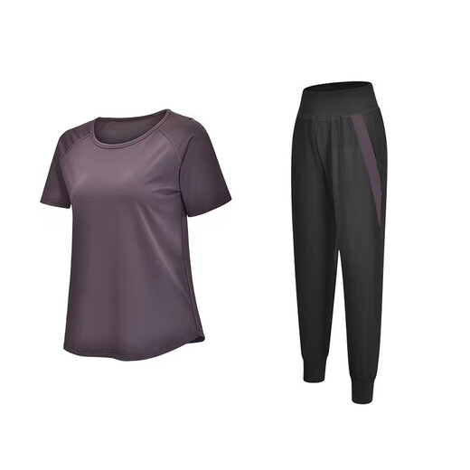 Nobana fitness sports suit Pilates women's loose long-sleeved sports running quick-drying clothing breathable yoga practice clothing purple short-sleeved + purple trousers M