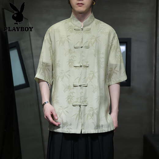 花花公子（PLAYBOY）夏季轻薄款短袖衬衫新中式古风盘扣唐装男装中国风竹叶上衣中山装 CS9898白色 3XL