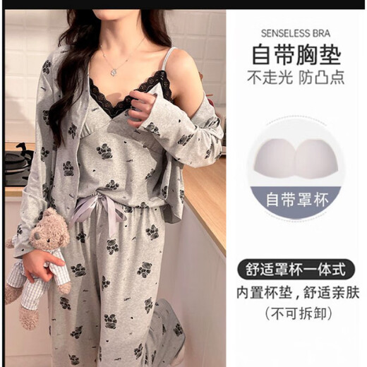 Lexi Beilu Spring V-Neck Pyjamas Frauen-Drei-teiliger Set mit Brustpaddleboard süßer Hauskleidung JHX-13803p#Gray 170 m
