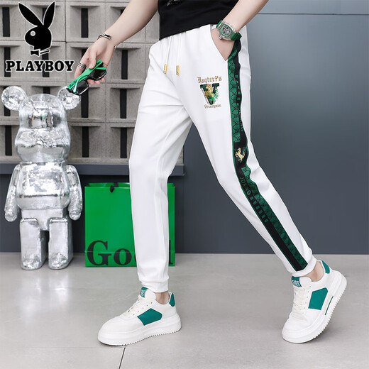 花花公子（PLAYBOY）刺绣休闲裤男夏季薄款潮牌修身冰丝束脚运动长裤男百搭速干小脚卫 9923黑色 29