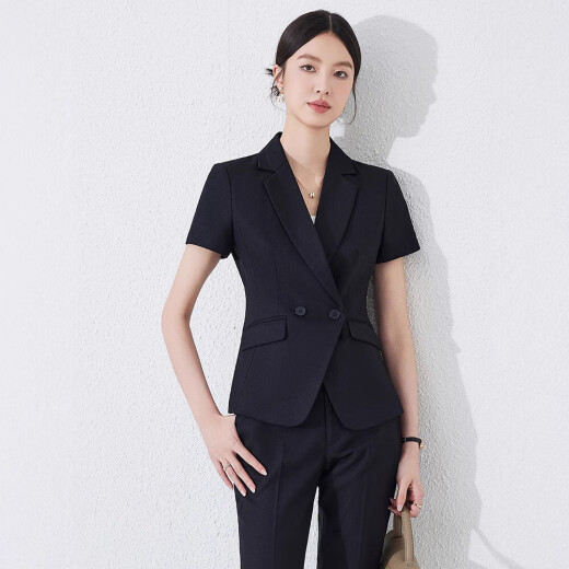 夏季职业装短袖小西装领外套女新款酒店前台工装正装收腰工作新款 蓝色 西装+裤子+裙子（JY6210） L