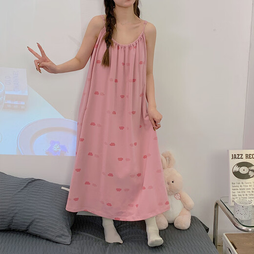 Cheng Baobao summer sexy suspender nightgown for women with breast pad new pink girl loose summer thin pajamas AF9207 Xiaoyunduo Set Fixed chest pad M