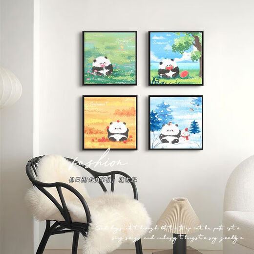 熊猫花花diy填充涂色手工手绘涂鸦卡通丙烯油彩画装饰画 hy3888 60*60cm加厚实木内框