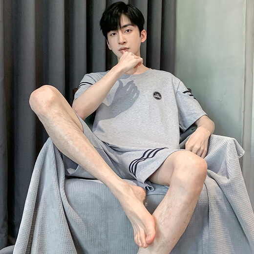
Bangqi pajamas men summer short-sleeved shorts cotton teenagers junior high school student suit men's home clothes fat 4X HDE9928 L