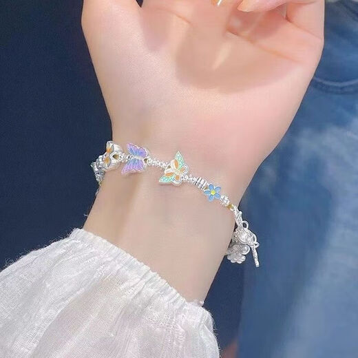 Laohuangxiang Pure Silver 999 Enamel Butterfly Sterling Silver Women's Half Bracelet Light Luxurious High-end Sweet Bracelet Gift Double-layer Broken Silver Pearl Bracelet