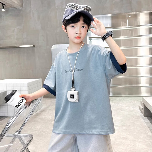 Boys summer short-sleeved T-shirt 2025 new medium and large children boys summer tops handsome thin style trendy brand t CQS-T139 lake blue 160