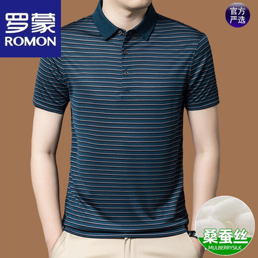 罗蒙（ROMON）高档轻奢桑蚕丝男士短袖T恤2025夏季新款爸爸装翻领条纹POLO衫男 BY-BY6218湖兰 XL 175(建议135-155斤内)
