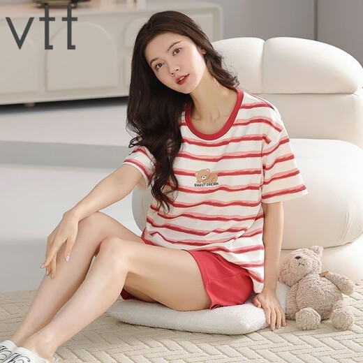
VTT pure cotton pajamas for women in summer pure cotton shorts shorts summer new style young ladies home clothing suit V short sleeve suit: YZT9856 M