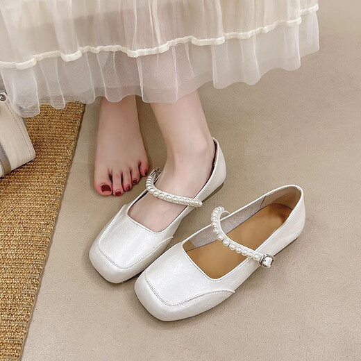 Rxxbfb französische Mary Jane Single -Schuhe für Frauen 2025 Frühlings- und Herbst -neue vielseitige Lederschuhe Retro weiche Sohle mit Rock Frauenschuhen aus Weiß 37 (235 mm)